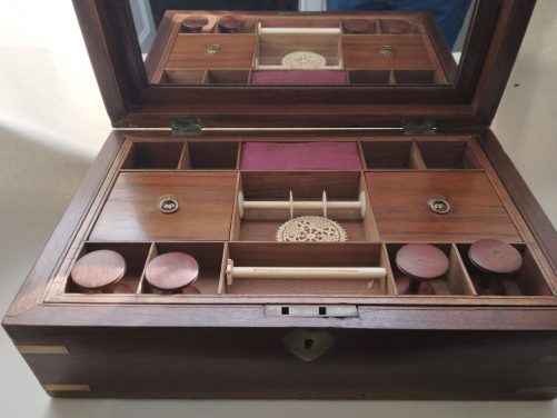 Antique campaign sewing, jewellery box, brass bound - Image 4