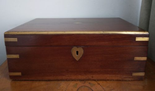 Antique campaign sewing, jewellery box, brass bound