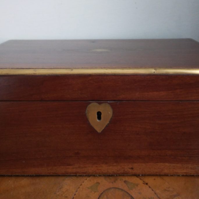 Antique campaign sewing, jewellery box, brass bound