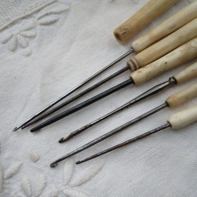 Bone and steel crochet hooks, lacemaking