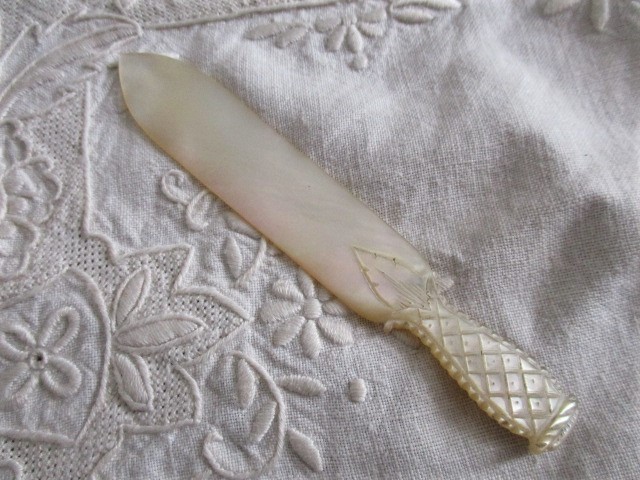 Vintage Louis Vuitton Wooden Letter Opener w/Inlaid Mother-of-Pearl Designs